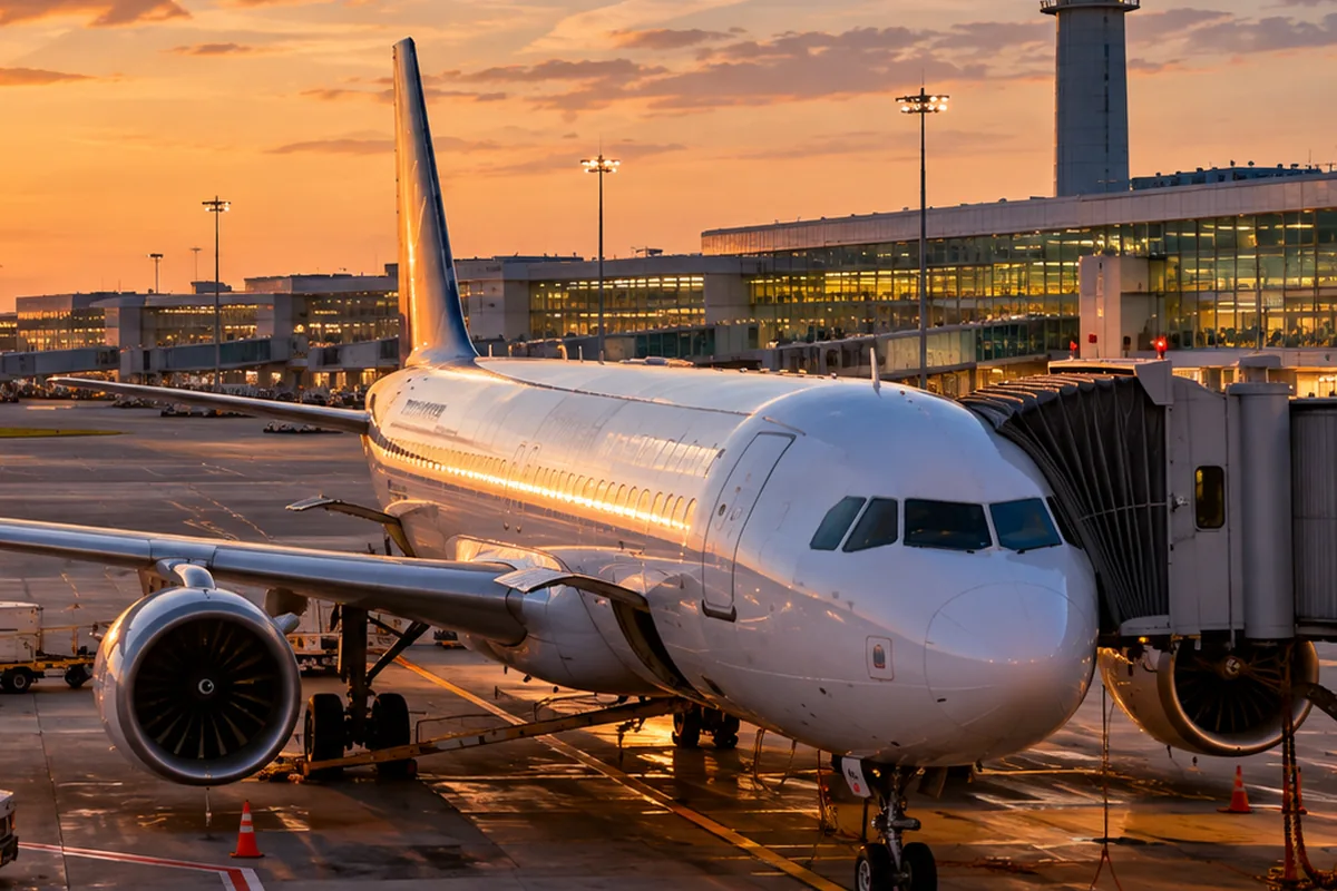 Aircraft parked at an airport gate during evening operations