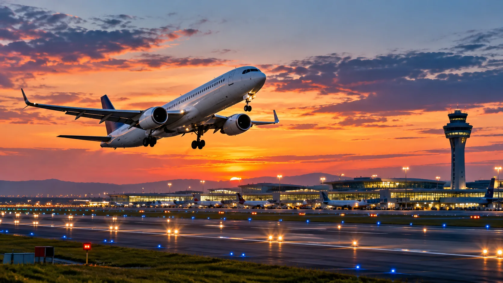 Passenger aircraft climbing after takeoff at sunset