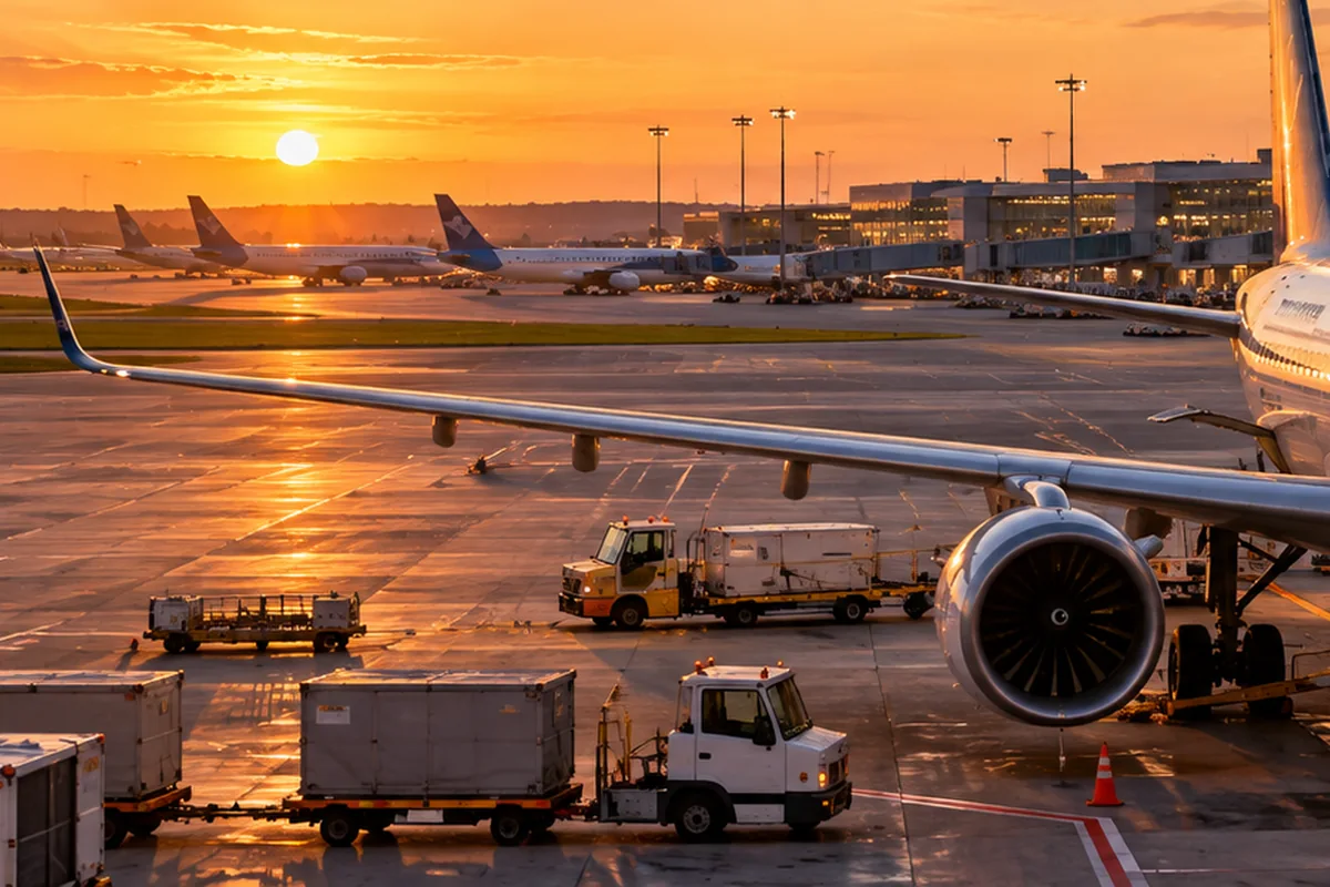 Airport terminal and aircraft during evening operations